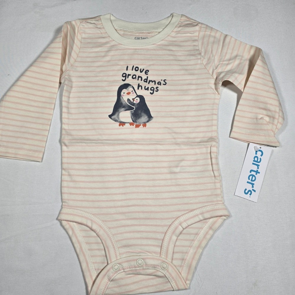 Carters Baby Girls Pink Striped I Love Grandmas Hugs Penguin Bodysuit NWT 12M